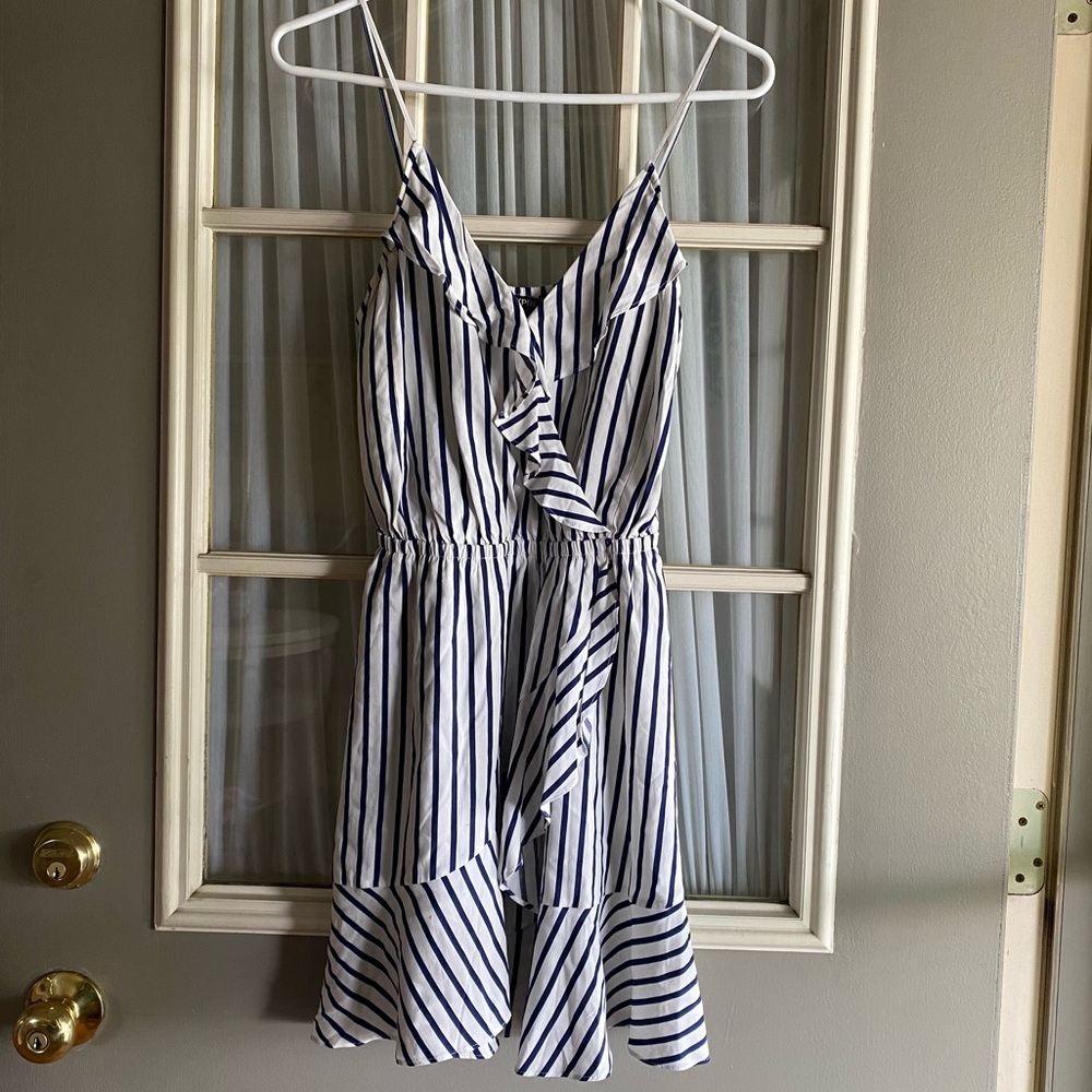 Express Navy and White Ruffle Striped Mini Dress